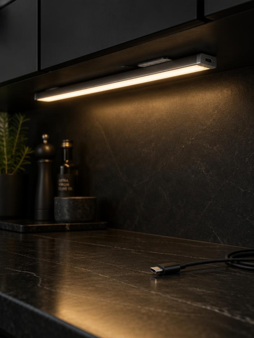 Detalle de la barra LED encendida bajo el mueble de la cocina